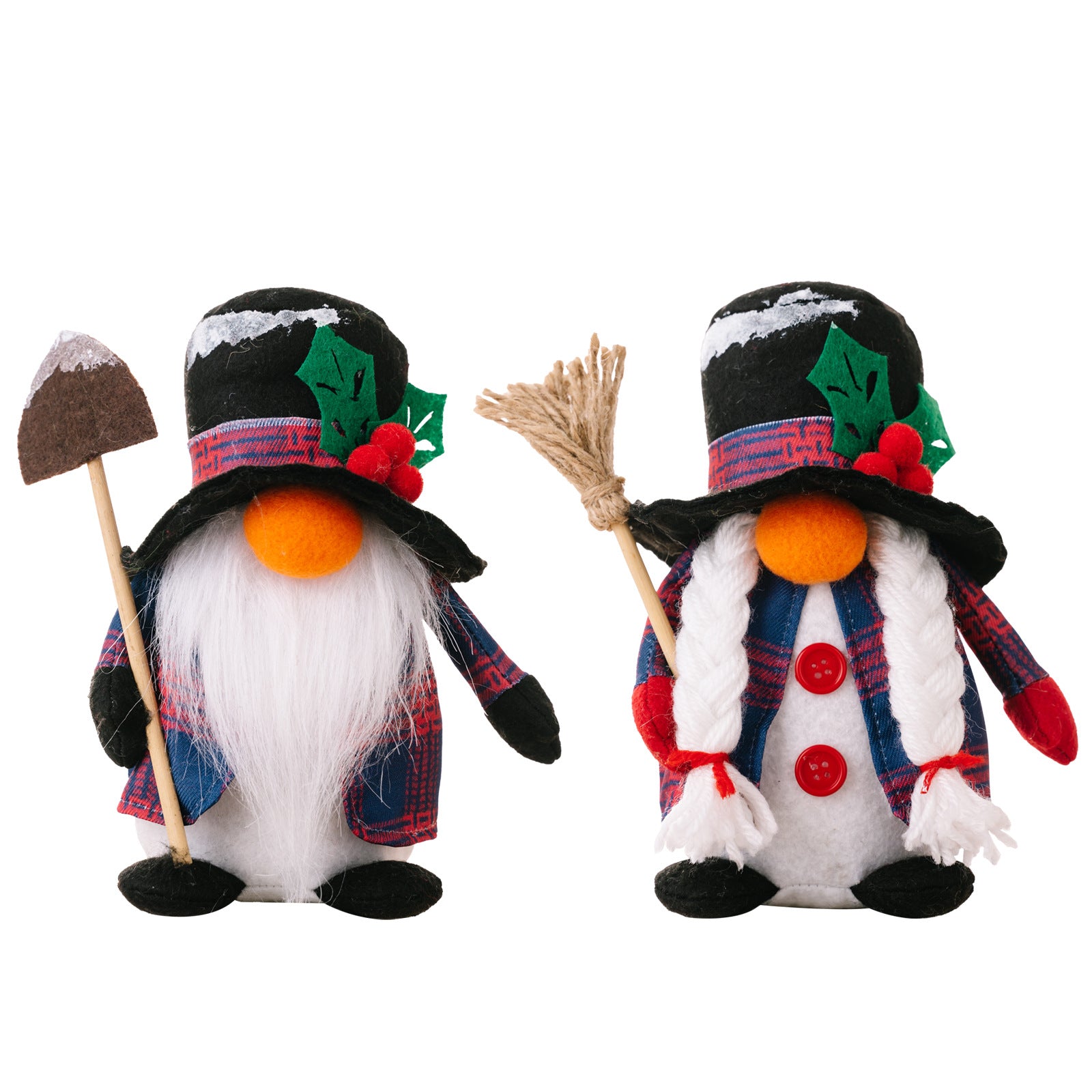 Christmas winter gnomes with broom and shovel