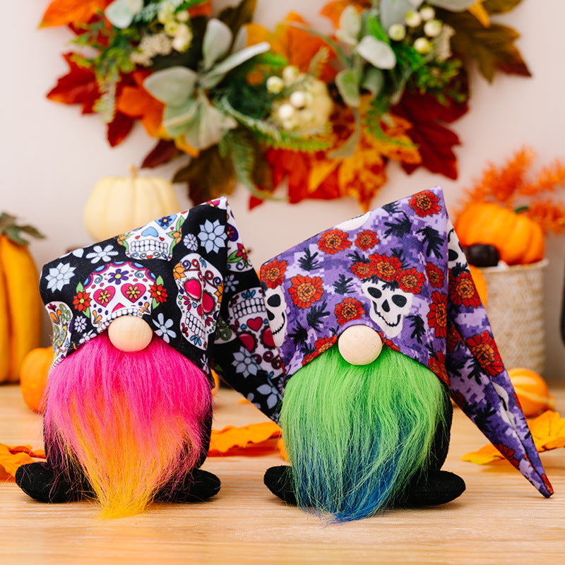 Halloween flower skull gnomes with colorful beard