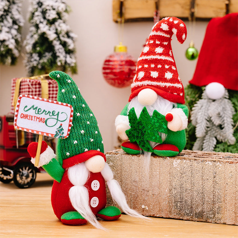 Christmas cactus knitted gnomes holding tree and Merry christmas