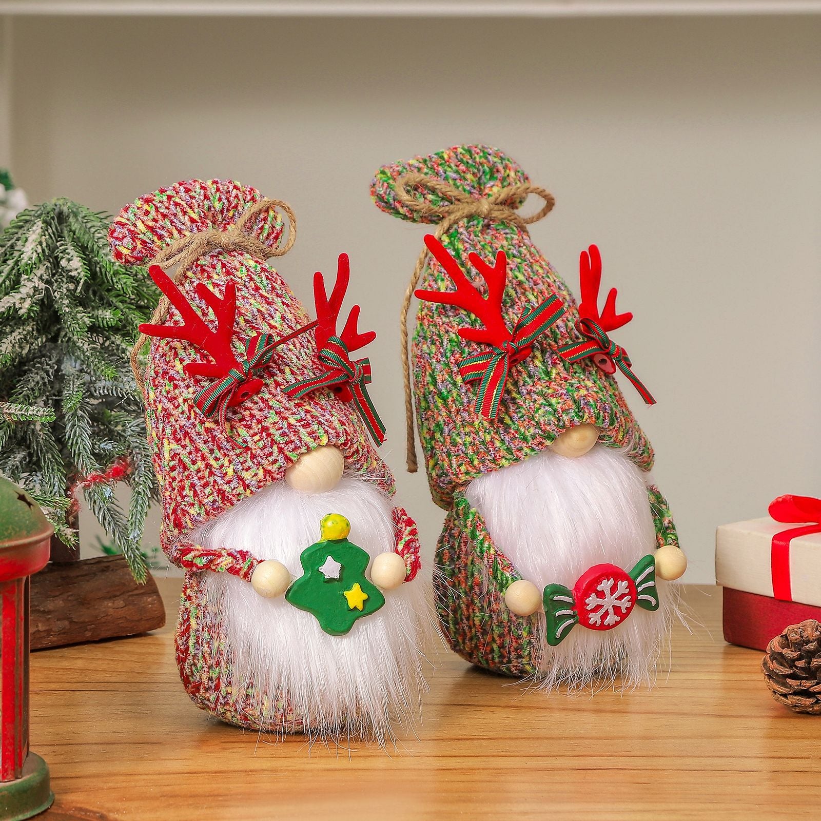 Red Knitted Plush Christmas Gnomes with candy and tree