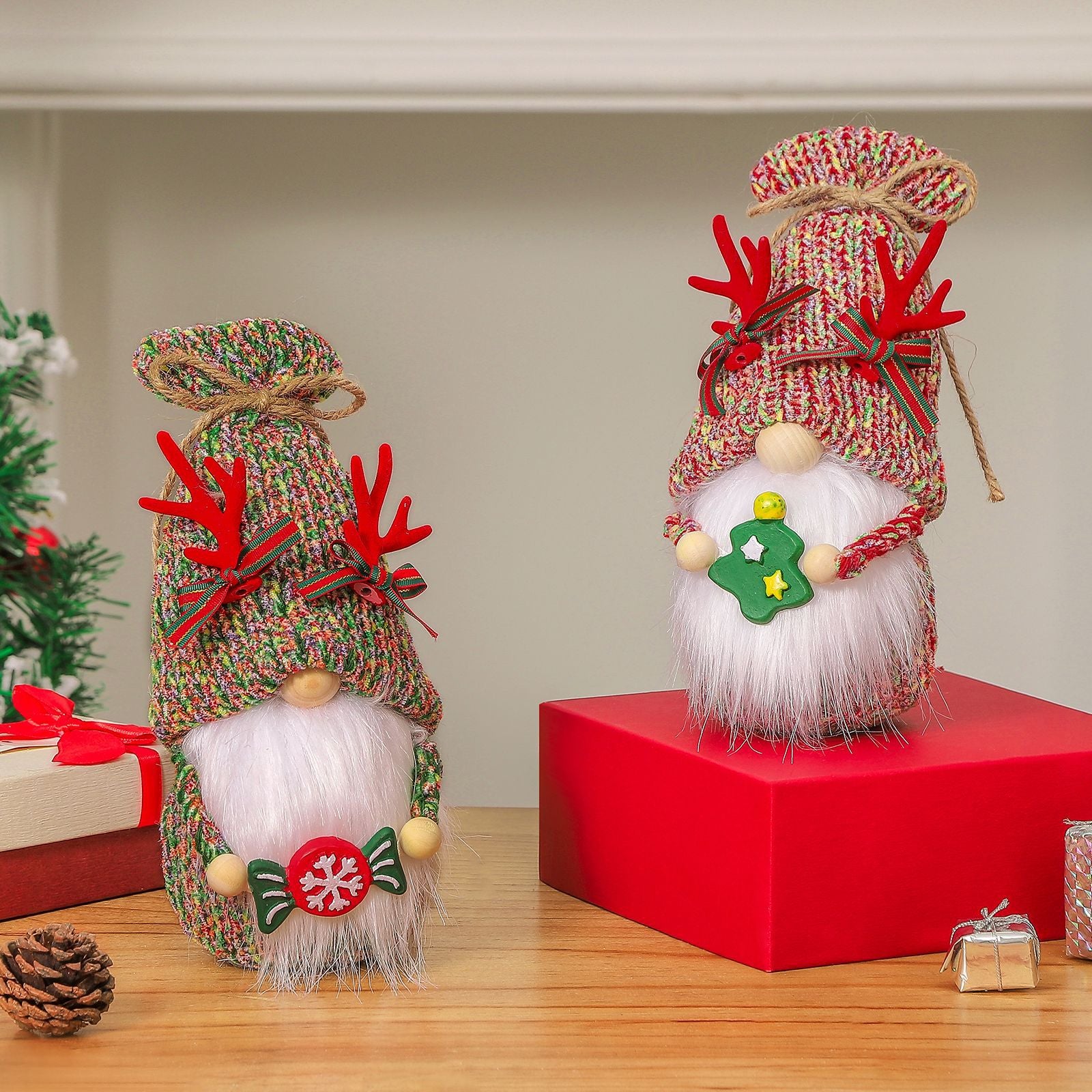 Red Knitted Plush Christmas Gnomes with candy and tree