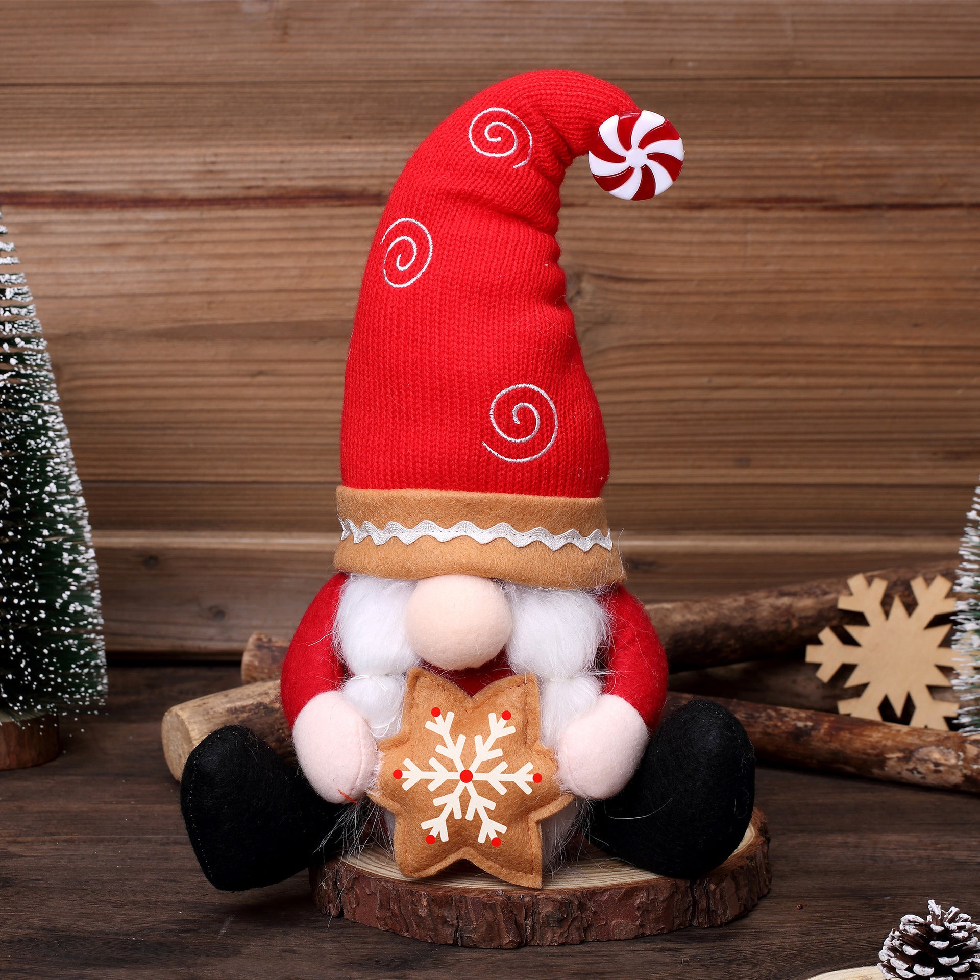 Christmas red gingerbread gnomes holding snowflake and Christmas tree