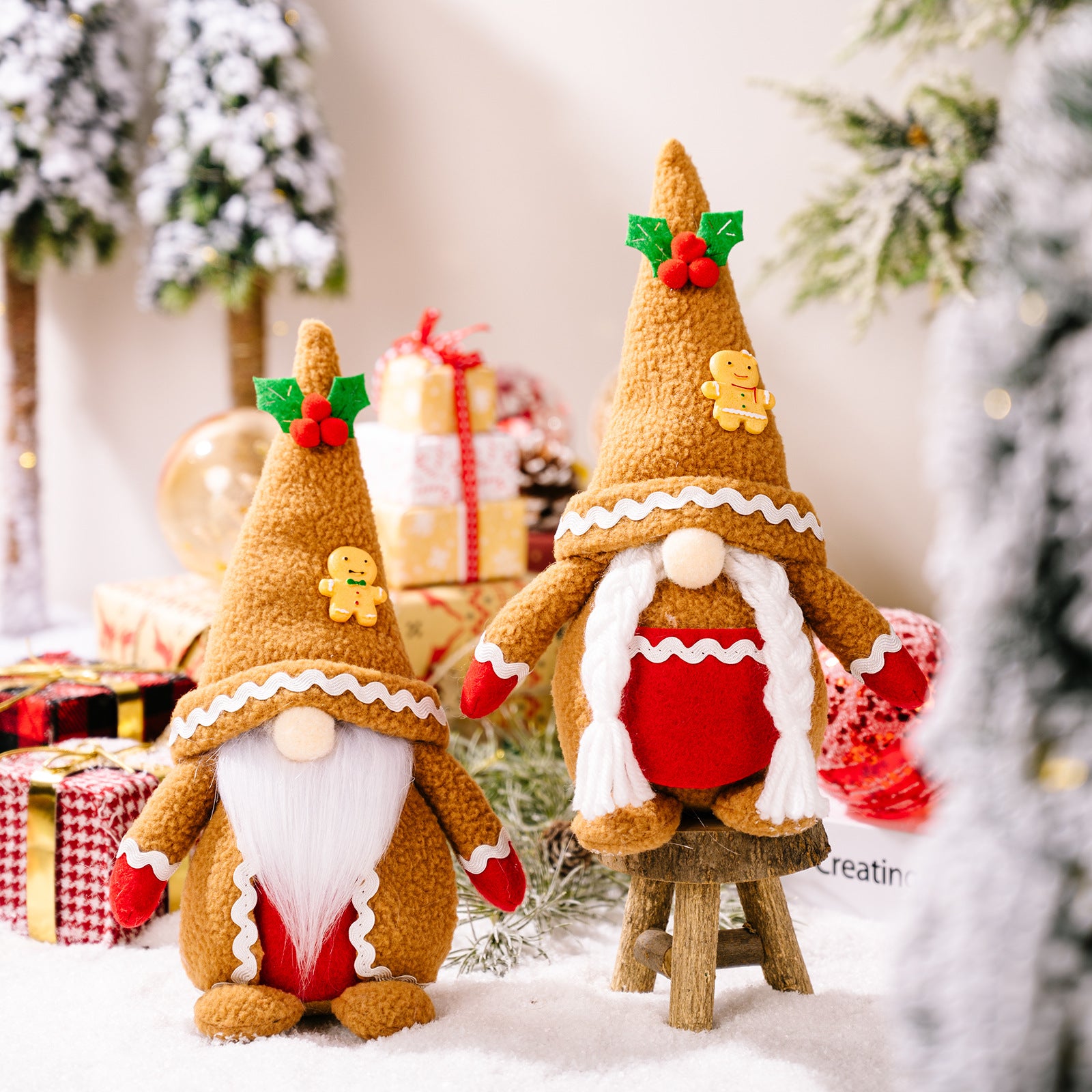 Christmas Khaki Gingerbread Gnomes with Knitted Pointed Hat