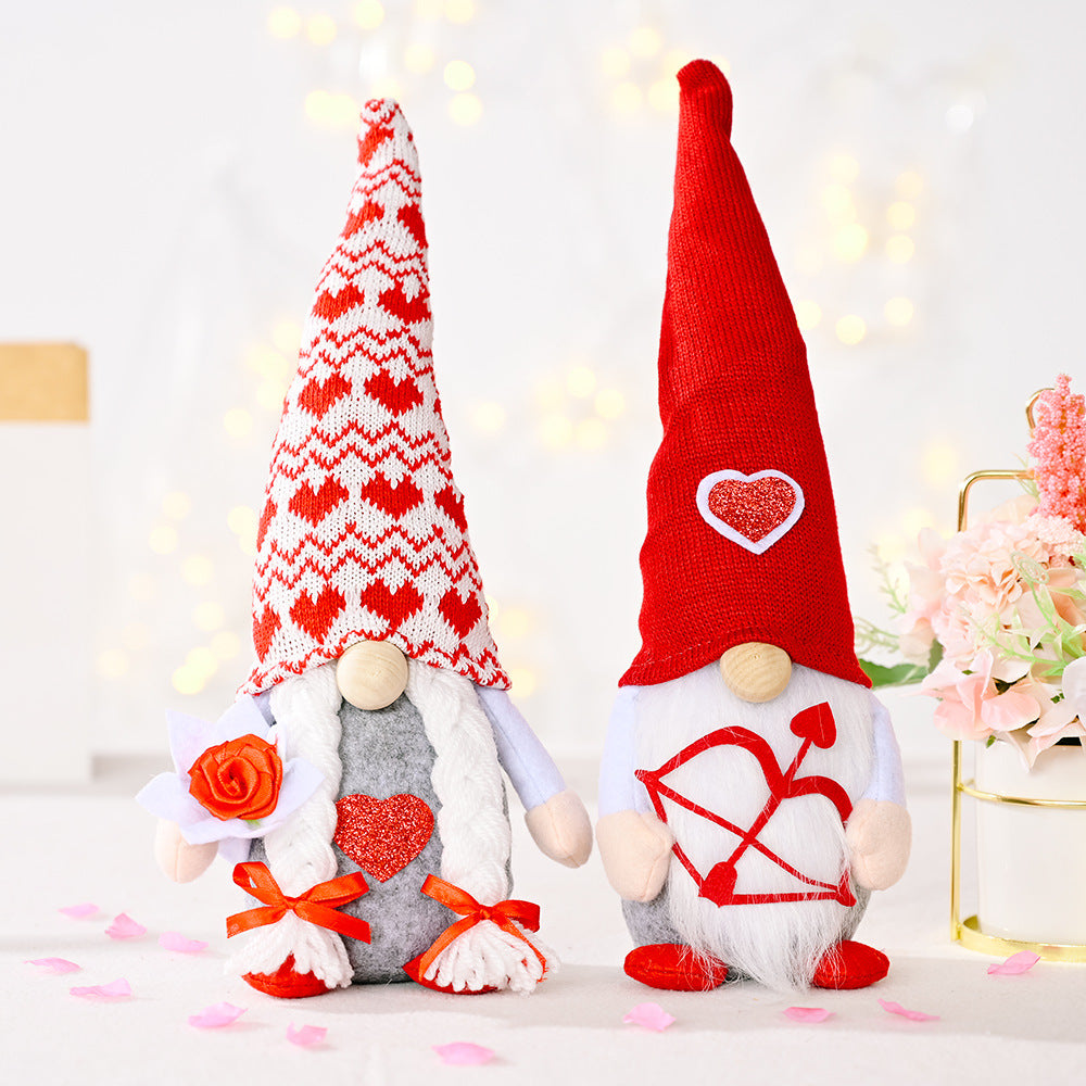 Red Love Gnome Couple Holding Bow And Rose