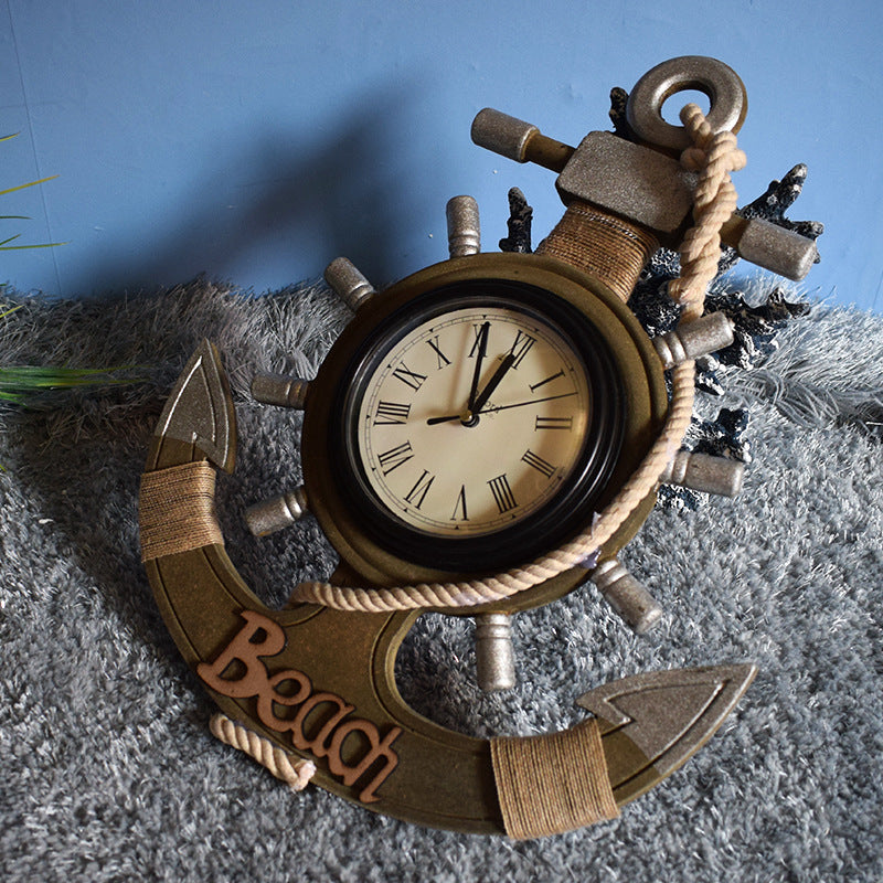 Mediterranean Style Wooden Anchor Clock For Wall Decoration
