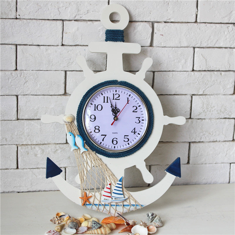 Mediterranean Style Wooden Anchor Clock For Wall Decoration