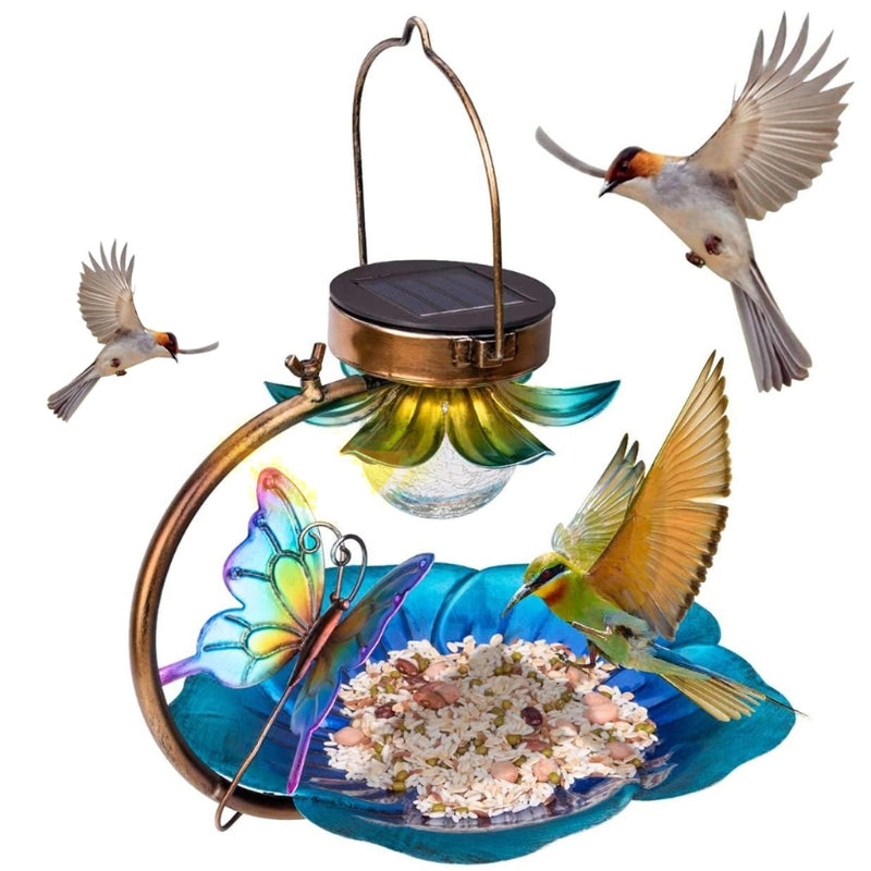 Solar Wild Bird Feeder Hanging Seed Tray With LED Light For Outdoor Garden Decoration
