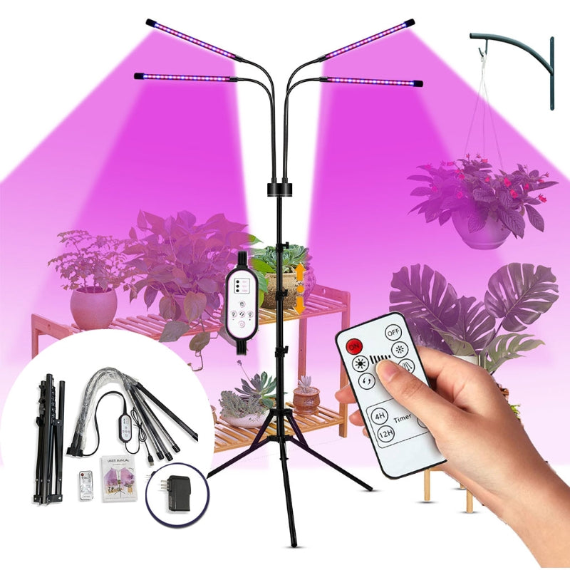 LED Grow Light For Plants 4-Head Full Spectrum Grow Lamp With Dual Controllers 4/8/12H Timer Tripod