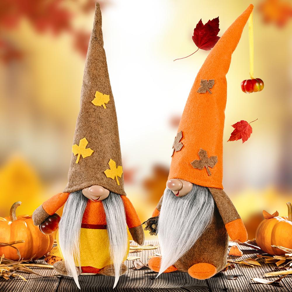 Plush Gnome Couple With Maple Leaf Hat For Thanksgiving Day Gift