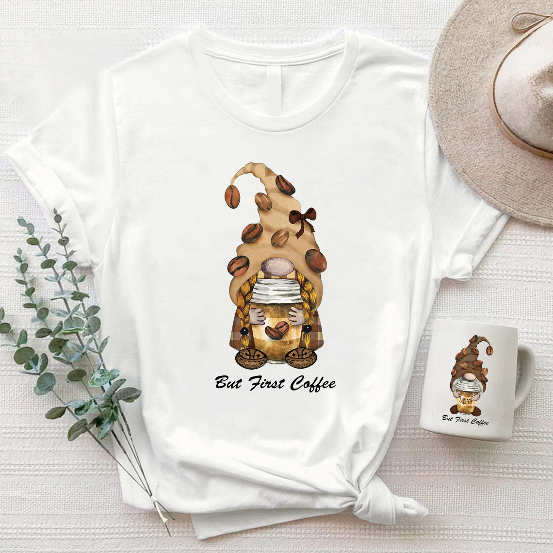 Personalized Custom Coffee Gnome Girl Spring Summer Unisex T-shirt