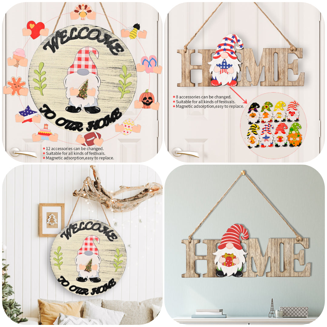Interchangeable Seasonal Wooden Gnome Sign For Holiday Decoration