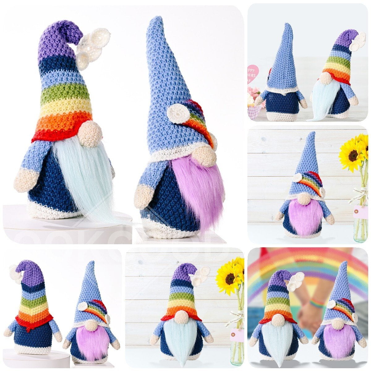 Hand-knitted Plush Rainbow Gnome For Holiday Gift And Decoration