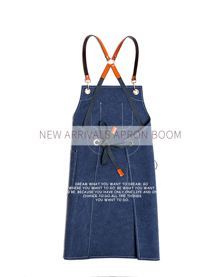 Denim apron with Leather Straps For baking/florist/barista Man/Women