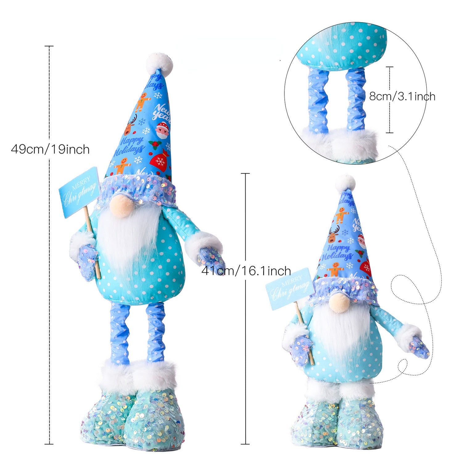 Christmas stretchable leg Nordic elf blue sequins gnomes