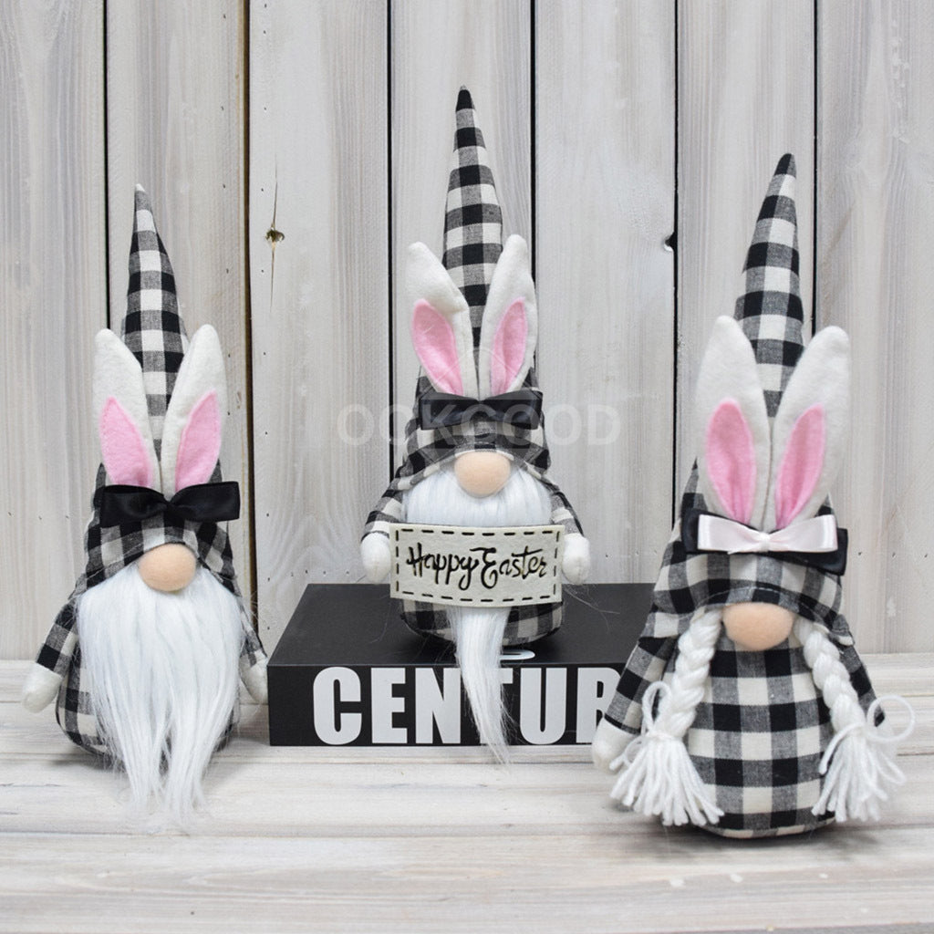Happy Easter - Black Plaid Bunny Gnome Family