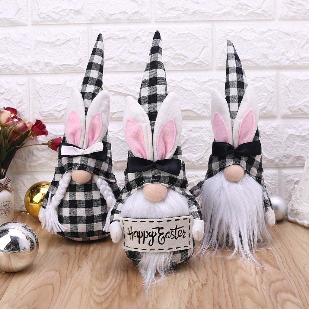 Happy Easter - Black Plaid Bunny Gnome Family