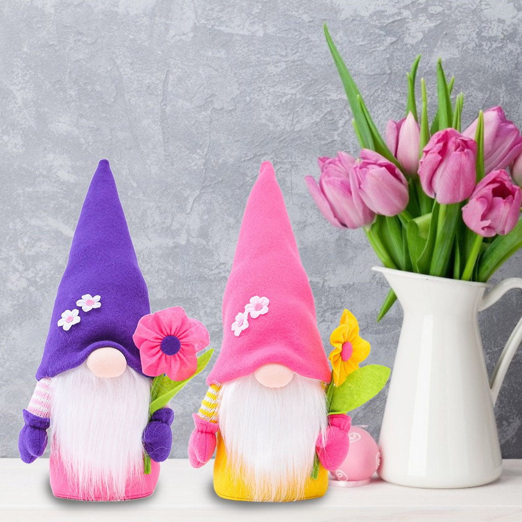Handmade Plush Gnome With Flowers For Spring Gift