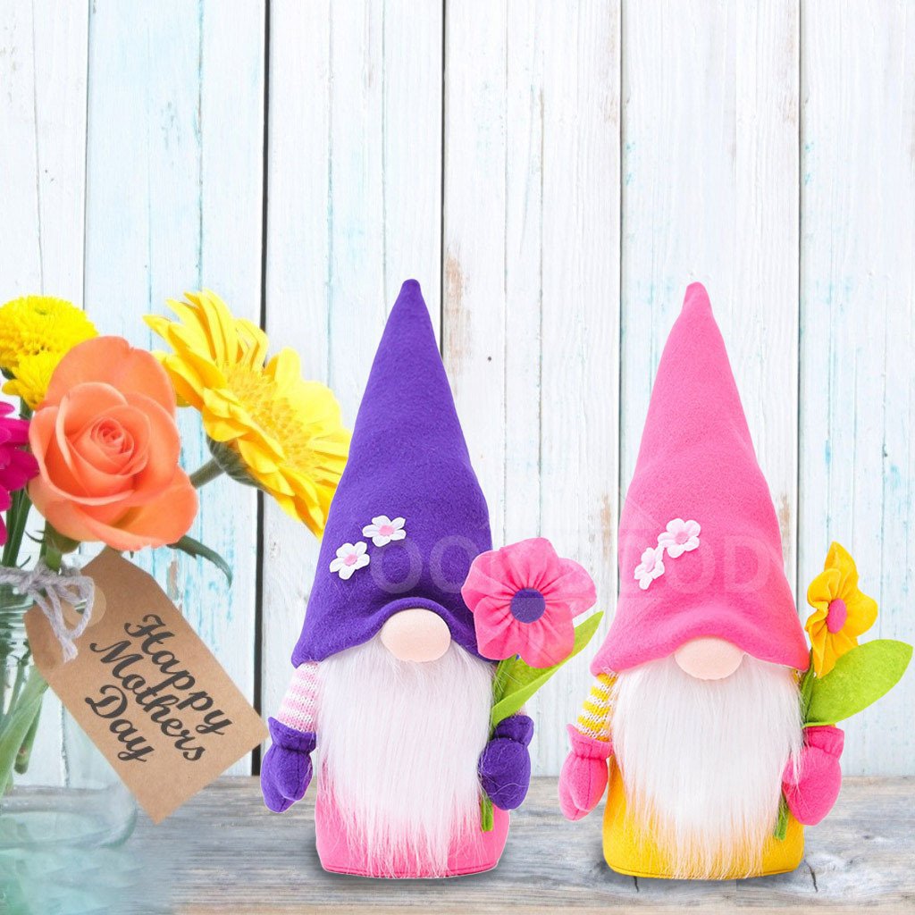 Handmade Plush Gnome With Flowers For Spring Gift