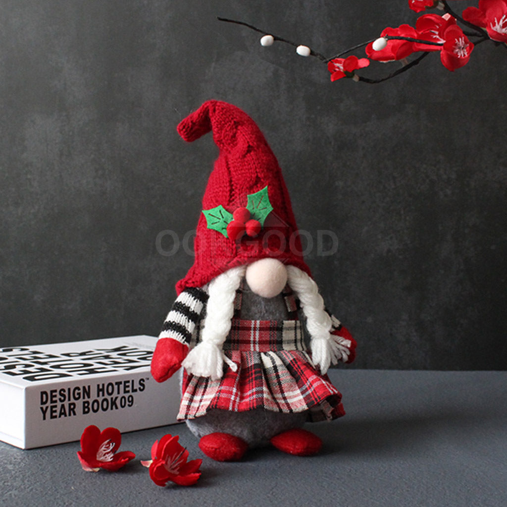 Lovely Plush Gnome With Red Hat And Plaid Apron
