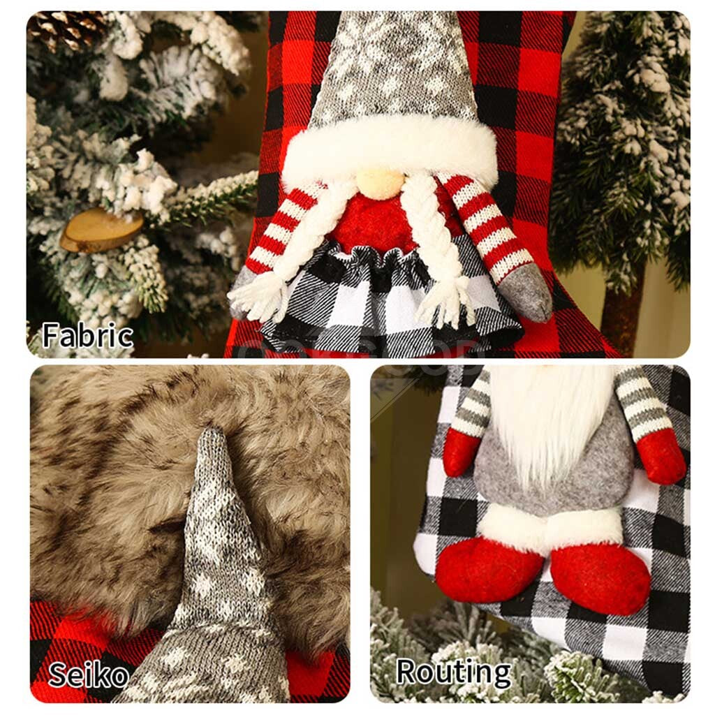 Plaid Christmas Stockings With 3D Plush Gnome Couple