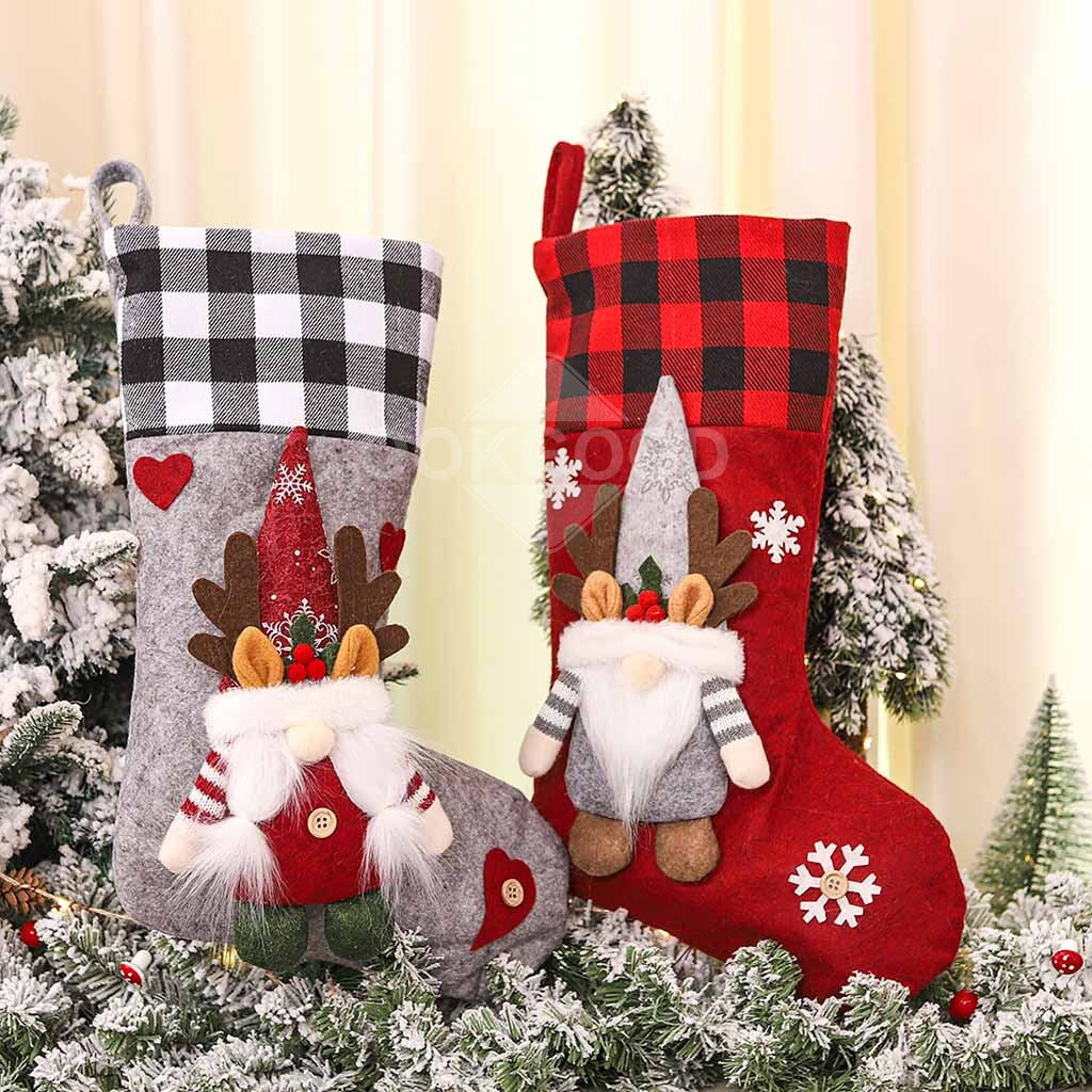 Plaid Christmas Stocking With Elk Gnome Elf