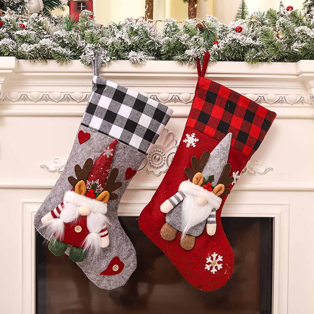 Plaid Christmas Stocking With Elk Gnome Elf