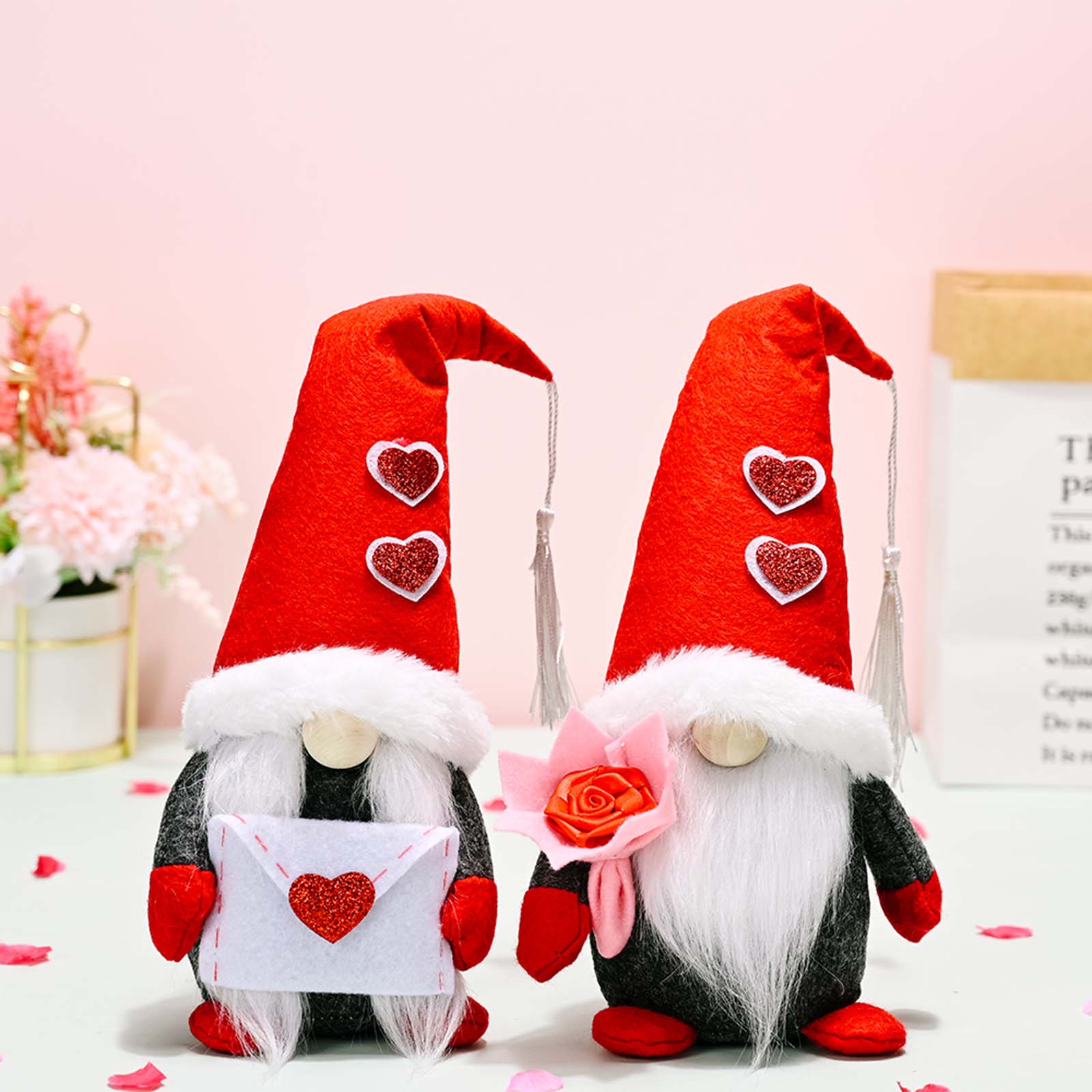 Plush Gnome Couple Holding Rose And Envelope