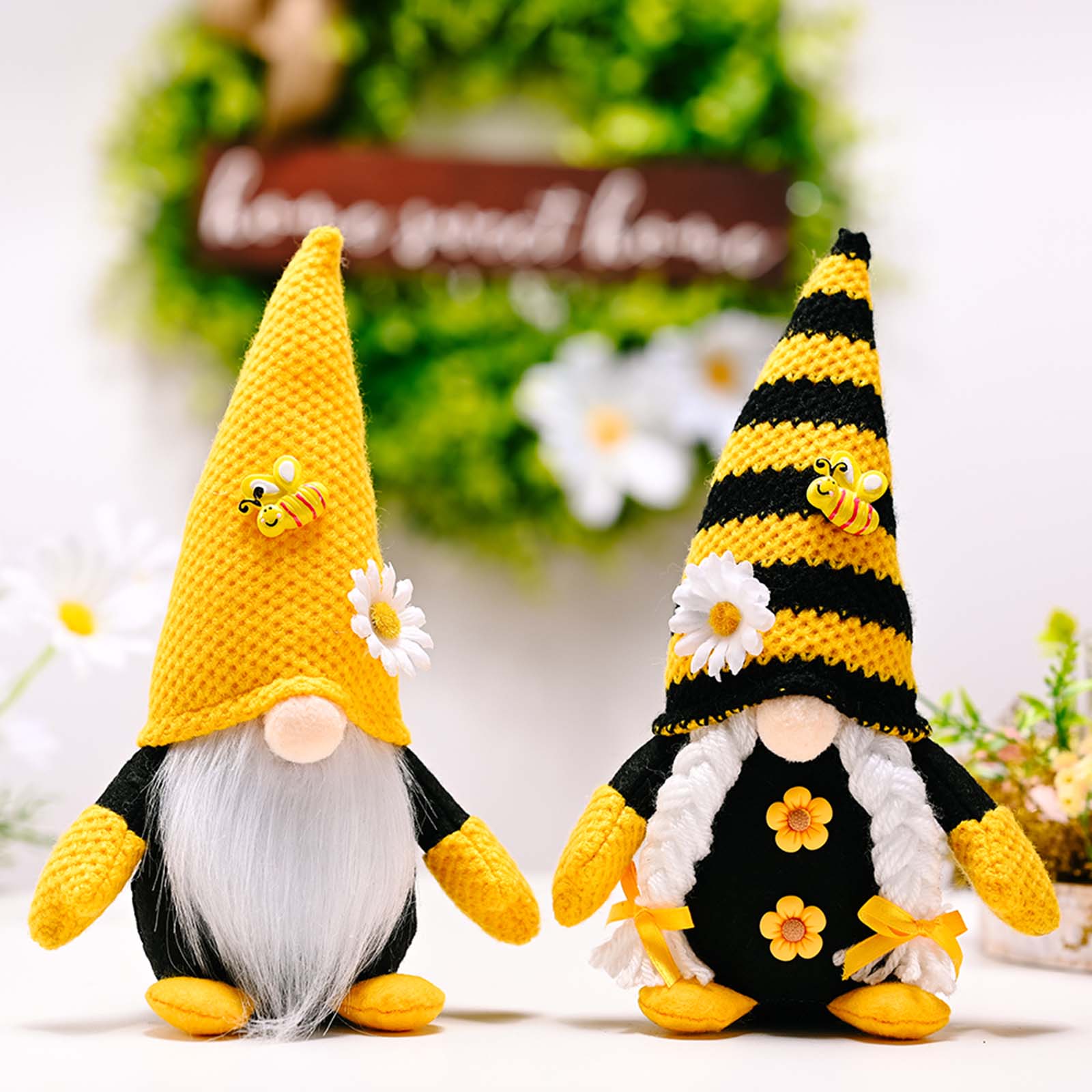 Spring Bee Gnome Couple Wearing Knitted Hat