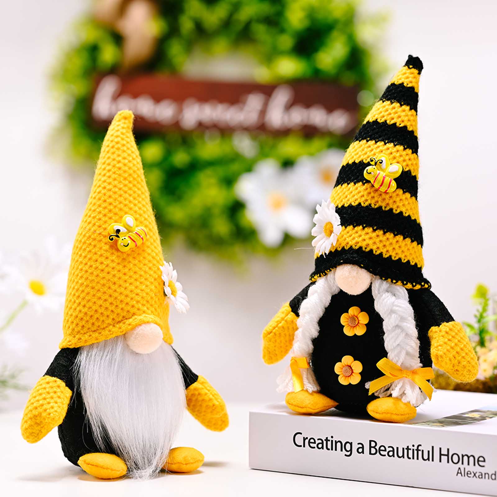 Spring Bee Gnome Couple Wearing Knitted Hat