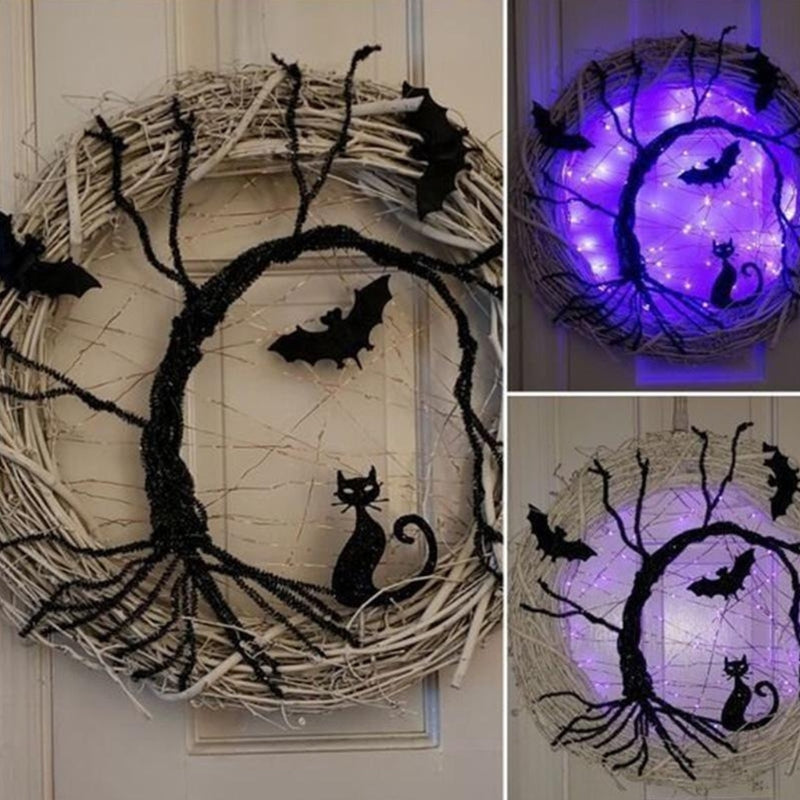 Halloween Wreath With Bat Witch Purple Glow Hanging Crafts