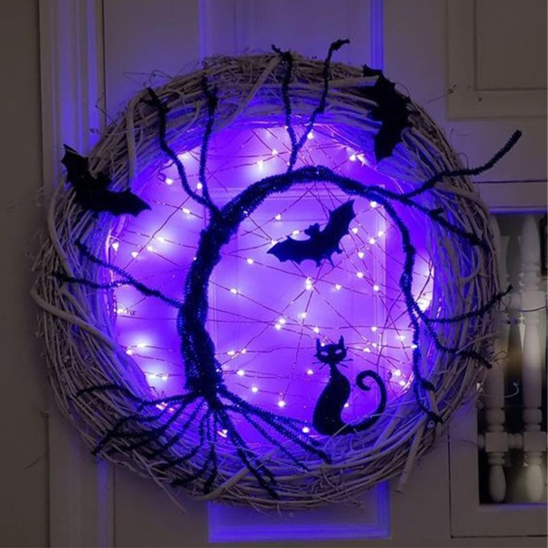 Halloween Wreath With Bat Witch Purple Glow Hanging Crafts