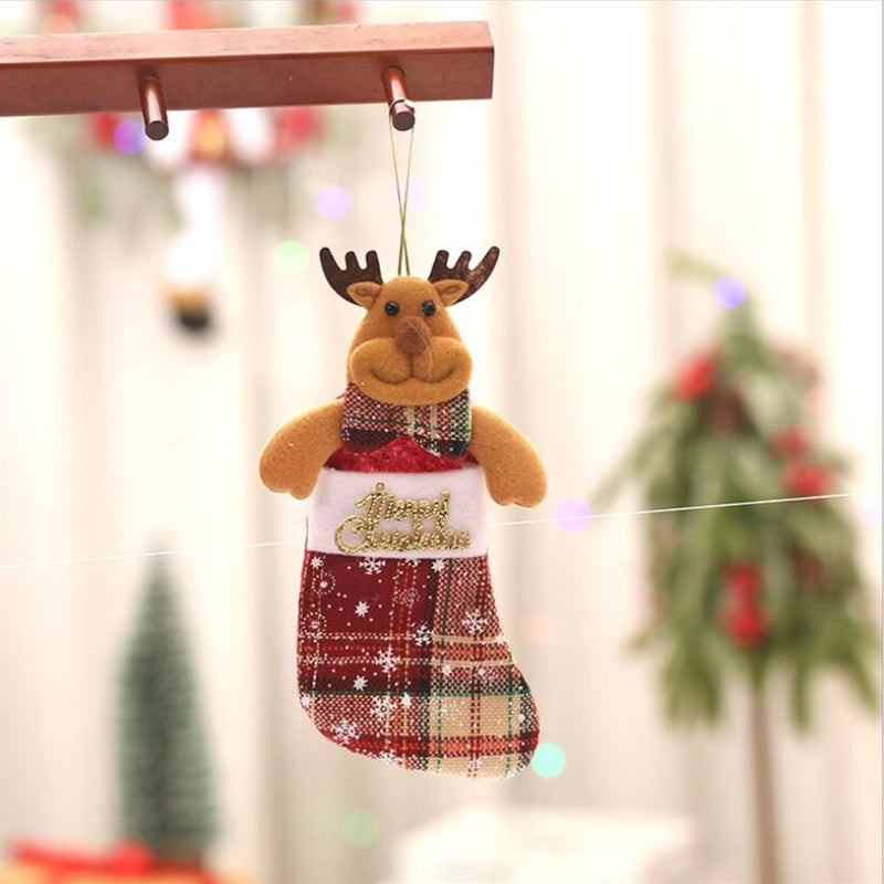 Linen Santa Snowman Elk Xmas Hanging Sock For Fireplace