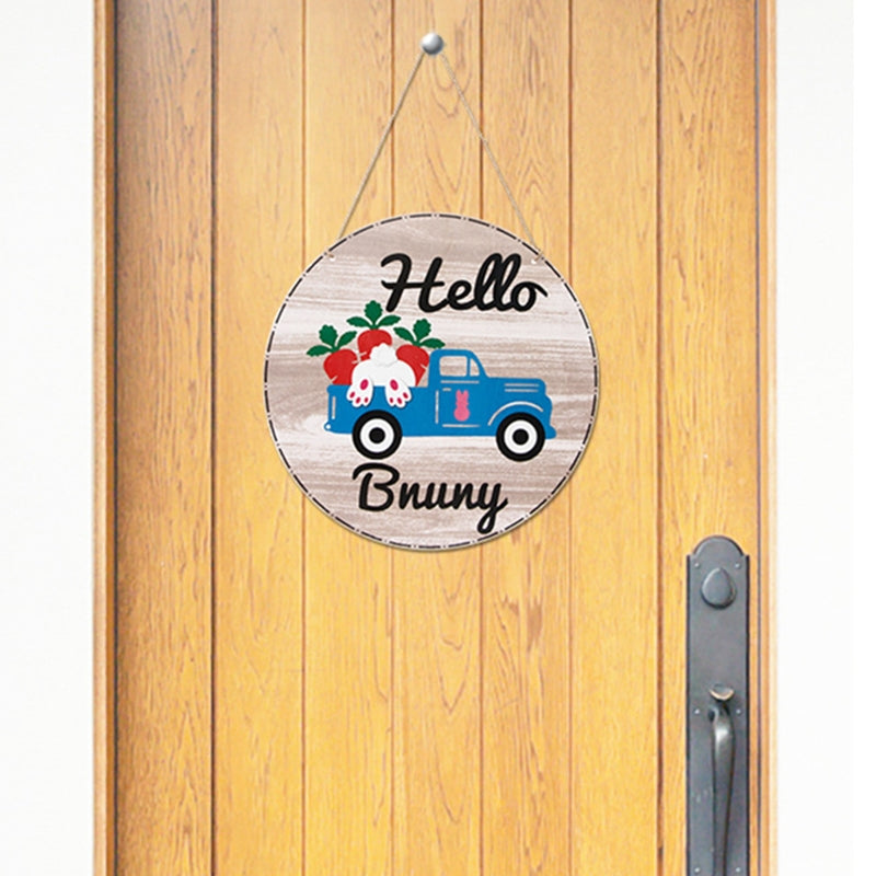 Hello Bunny Truck Wooden Hanging Sign Front Door Hanger Easter Wall Decor
