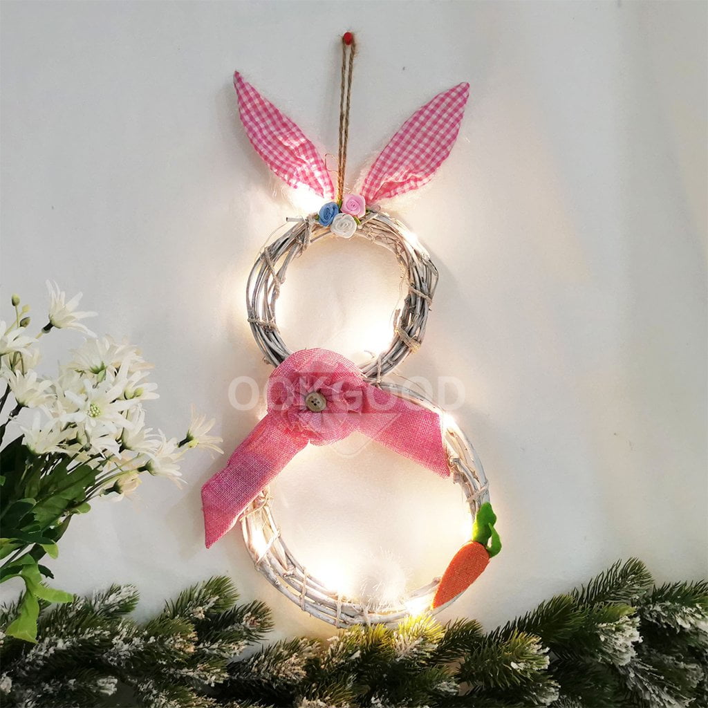 Handmade Rattan Bunny Wreath With LED Light For Festival Home Decoration