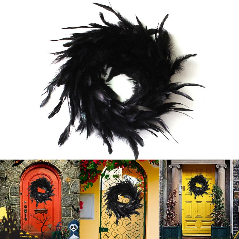 11 Inch Black Natural Cocktail Feather Wreath Halloween Decorations Front Door