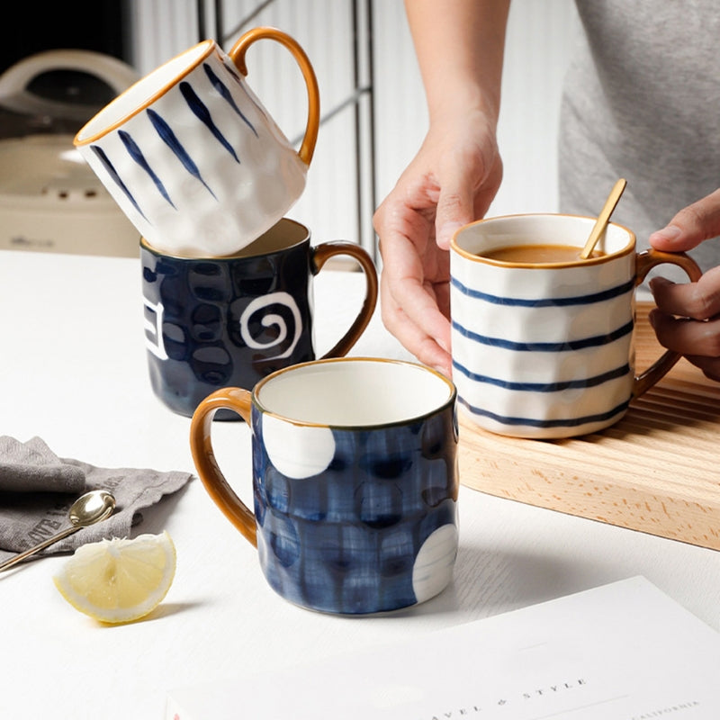 Creative Ceramic Mug With Gold Handle Handmade Embossed Porcelain Coffee Cup