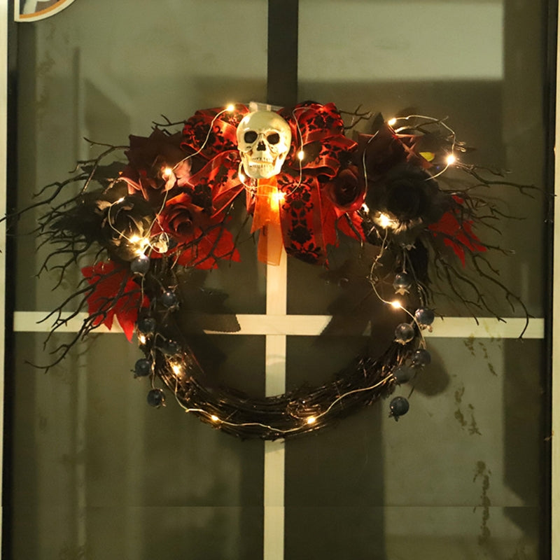 Halloween Skull Door Wreath With LED Lighted Rattan Garland