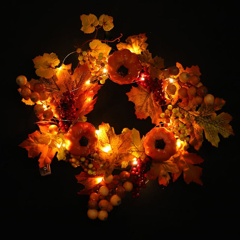 Fall Harvest LED Lighted Front Door Wreath Thanksgivings Halloween Decoration