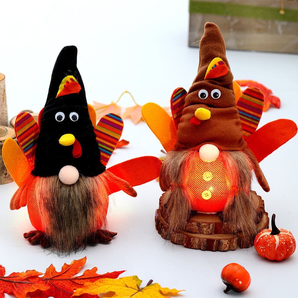 Plush Turkey Gnome Couple With Lights For Thanksgiving Gift
