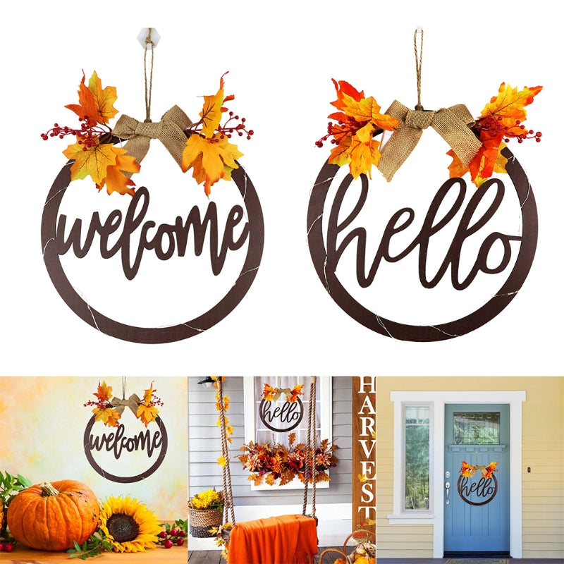 Wooden Round Sign Harvest Festival Wreath With Light Front Door Fall Decor