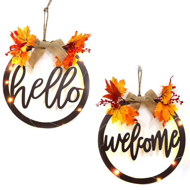 Wooden Round Sign Harvest Festival Wreath With Light Front Door Fall Decor
