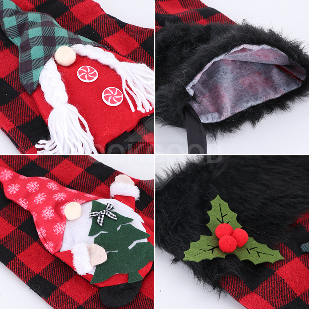 Red Plaid Christmas Stocking With 3D Plush Gnome