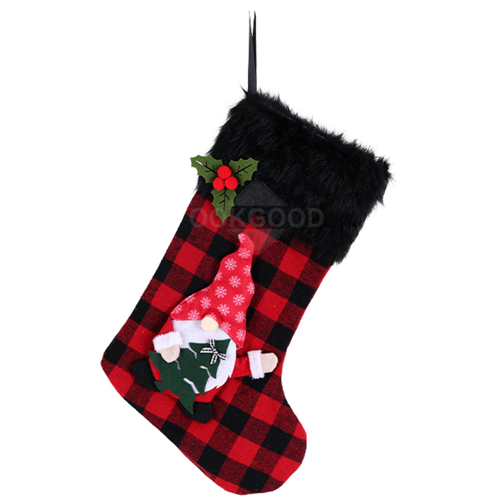 Red Plaid Christmas Stocking With 3D Plush Gnome