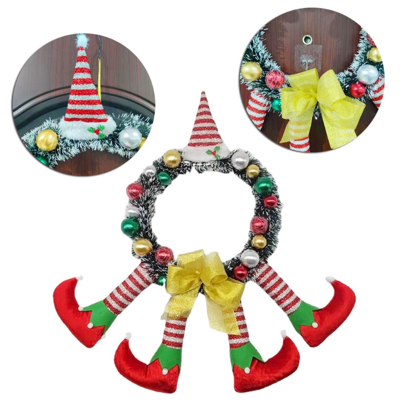 Christmas Striped Clown Elf Legs Wreath With Hat Hanging Door Decor