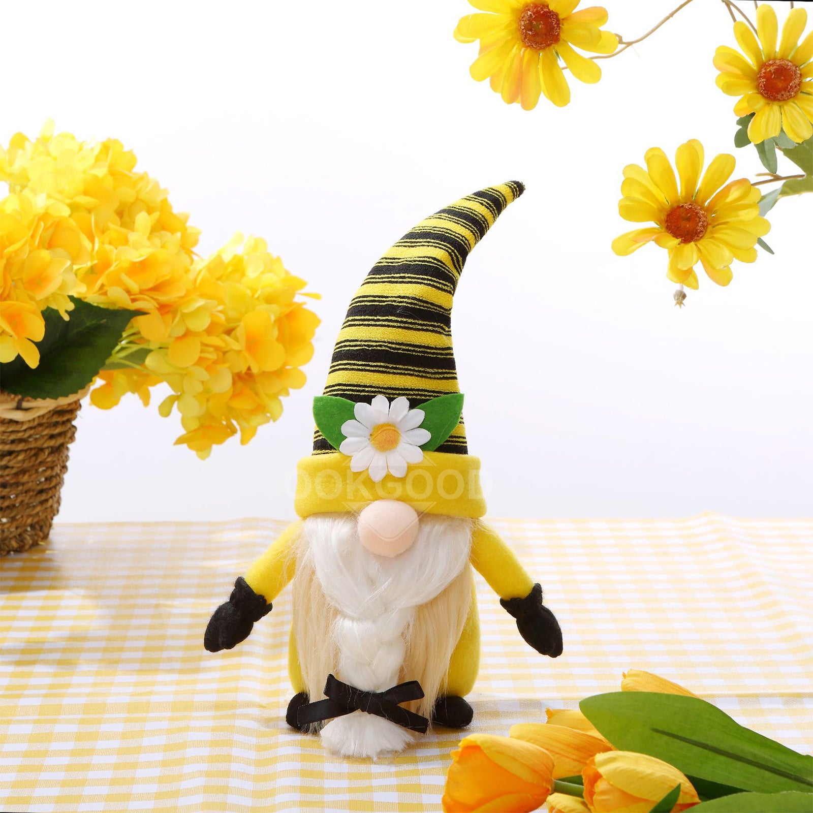 Yellow Plush Gnome Doll Wearing Daisy Hat