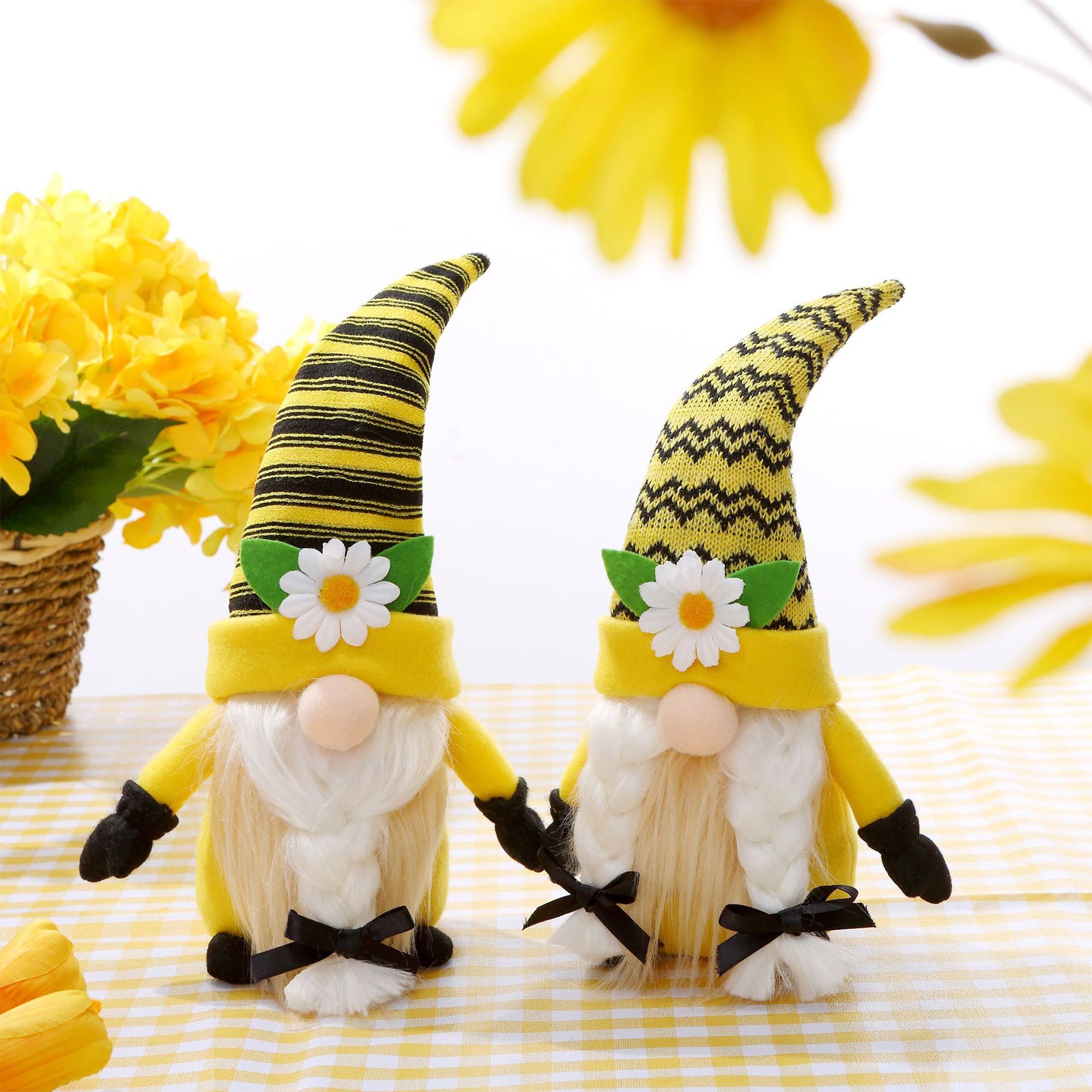 Yellow Plush Gnome Doll Wearing Daisy Hat