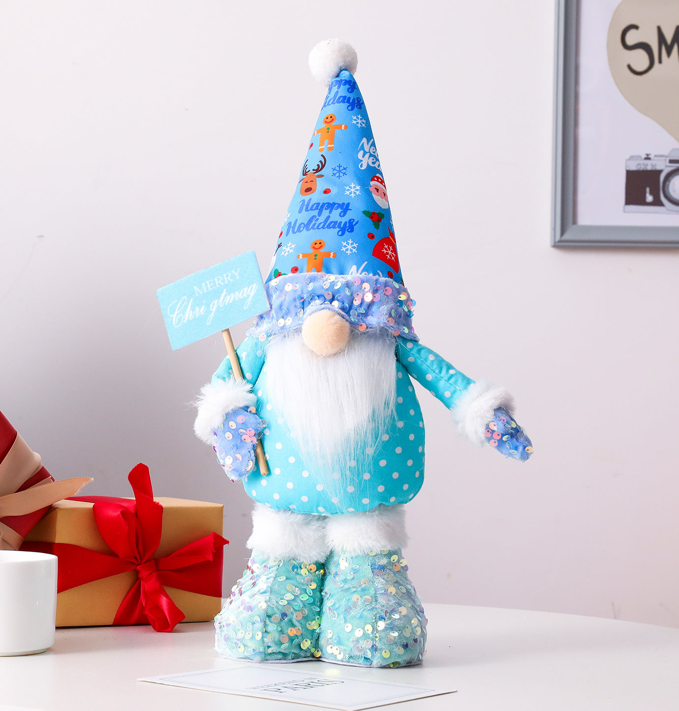 Christmas stretchable leg Nordic elf blue sequins gnomes