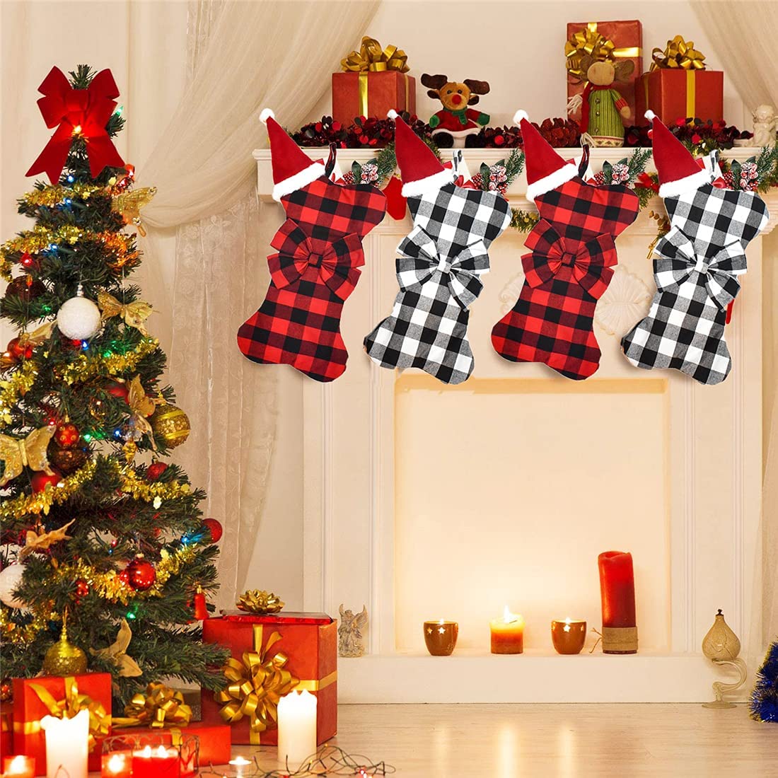 Plaid Bone Christmas Stocking With Bow Tie For Dog Gift