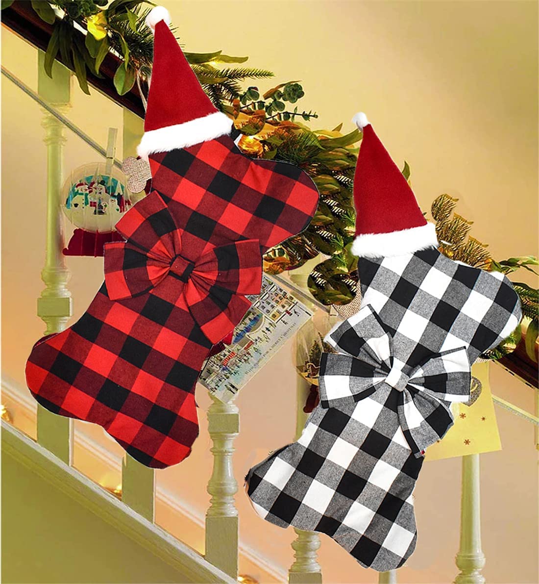Plaid Bone Christmas Stocking With Bow Tie For Dog Gift