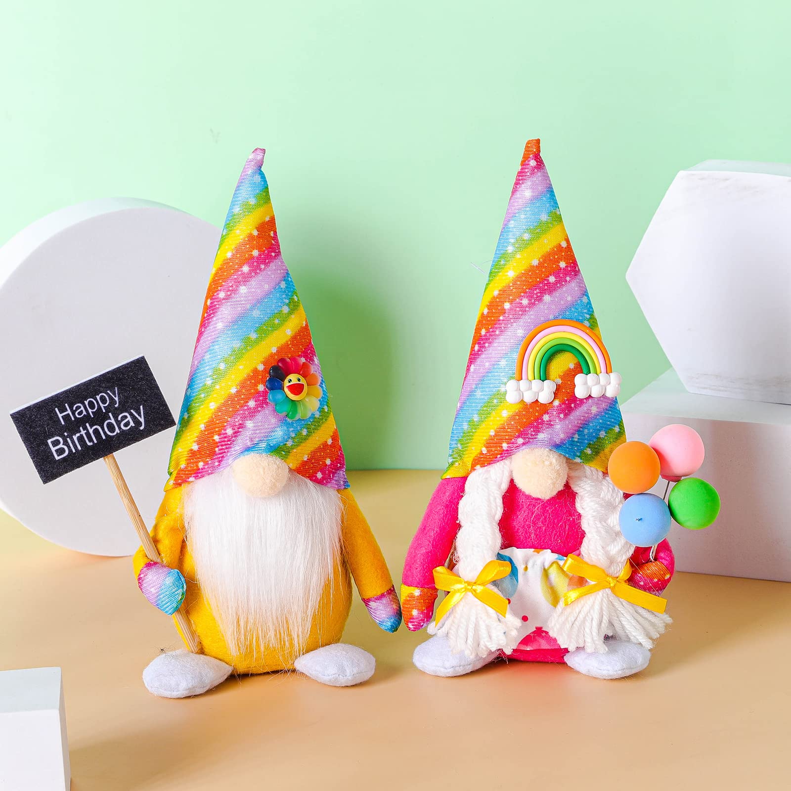 Happy Birthday - Lovely Rainbow Hat Gnome Couple